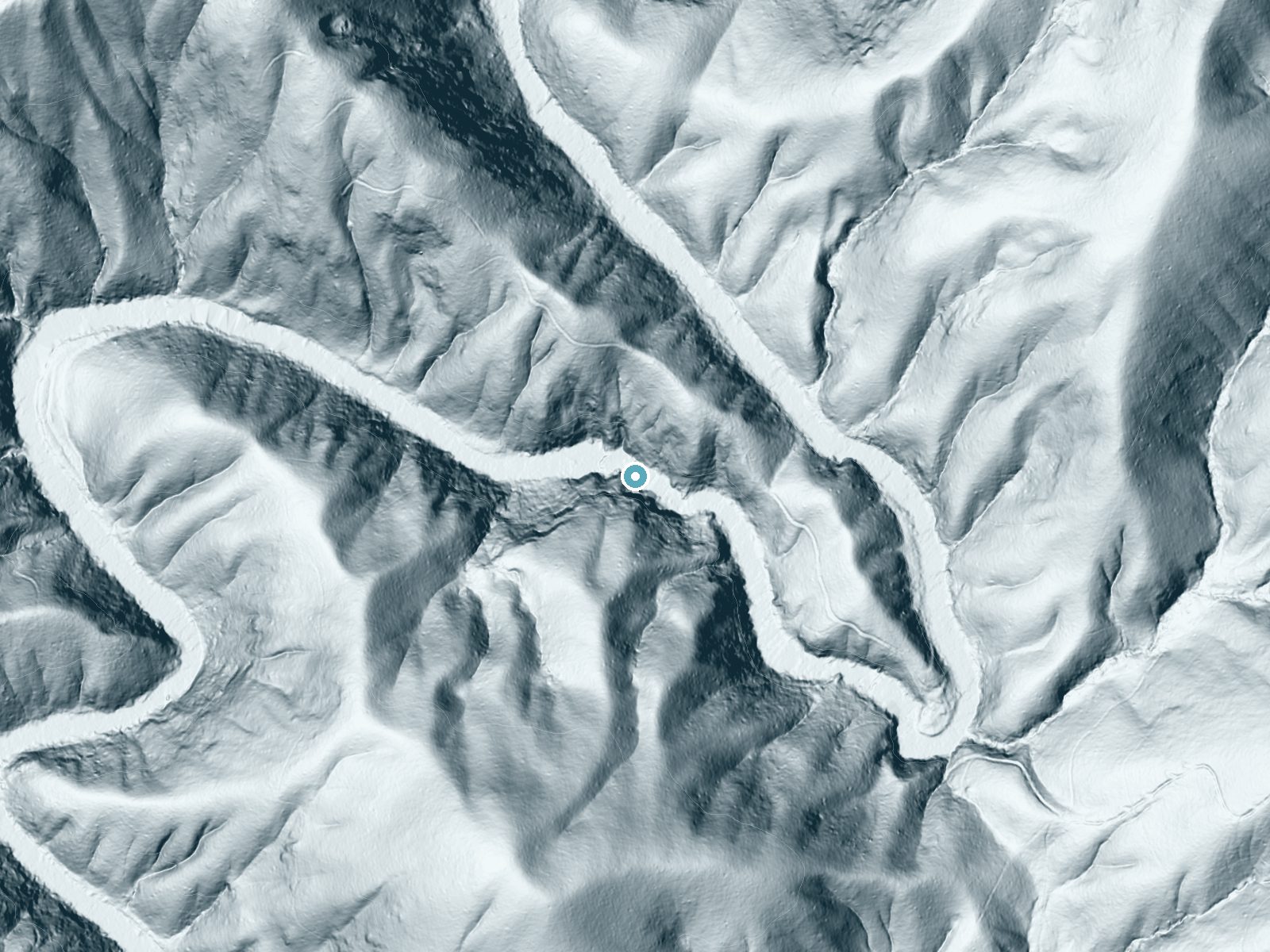 LiDAR bare-earth terrain around Big Bend Falls near Tamassee, Georgia, showing about 176 feet of drop, a long cascade, facing northwest
