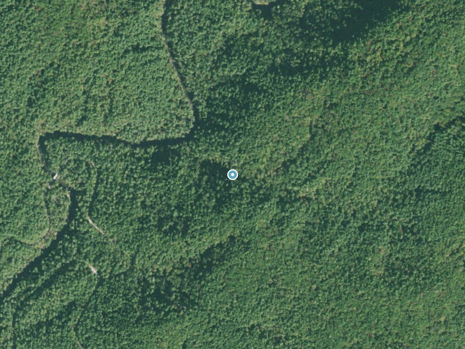 Aerial photo of the same ground around Spoonauger Falls near Cashiers, South Carolina, for comparison with the lidar view