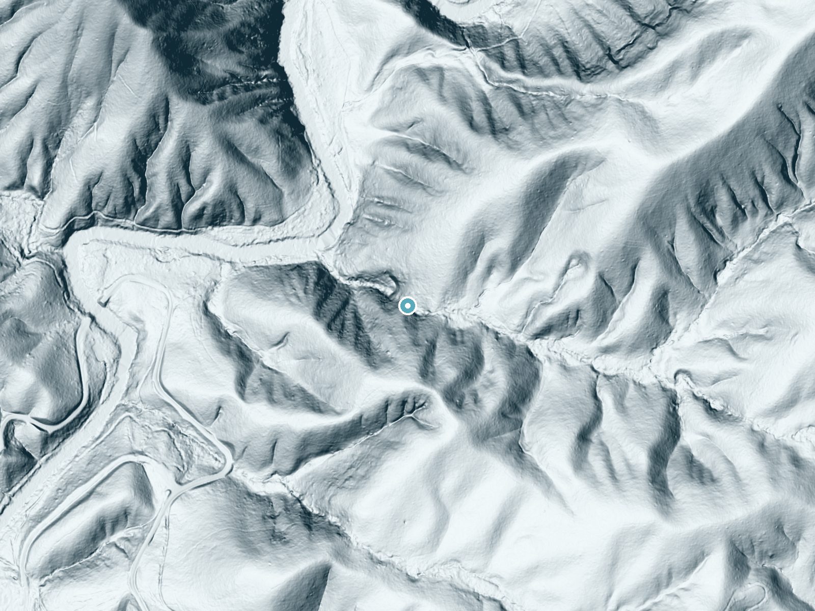 LiDAR bare-earth terrain around Spoonauger Falls near Cashiers, South Carolina, showing about 255 feet of drop, a steep tiered drop, facing northwest