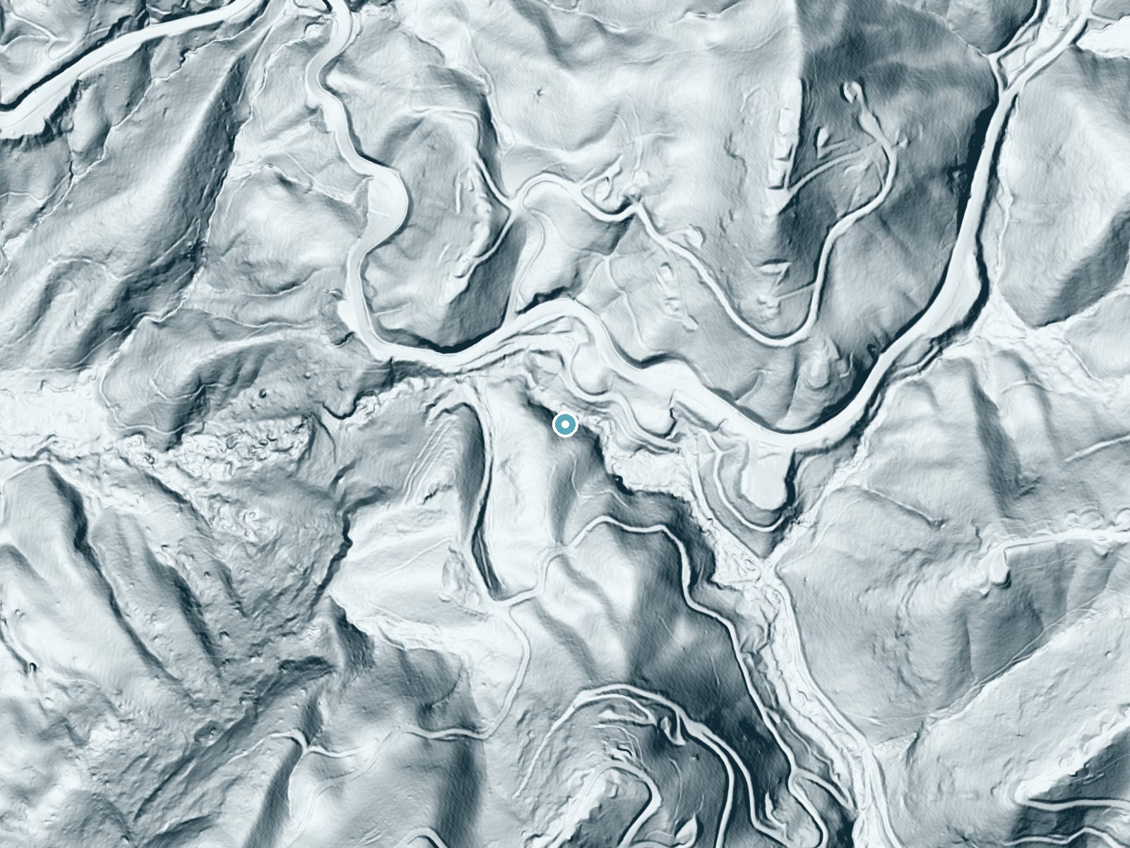 LiDAR bare-earth terrain around Estatoah Falls near Sky Valley, Georgia, showing about 97 feet of drop, a steep tiered drop, facing north