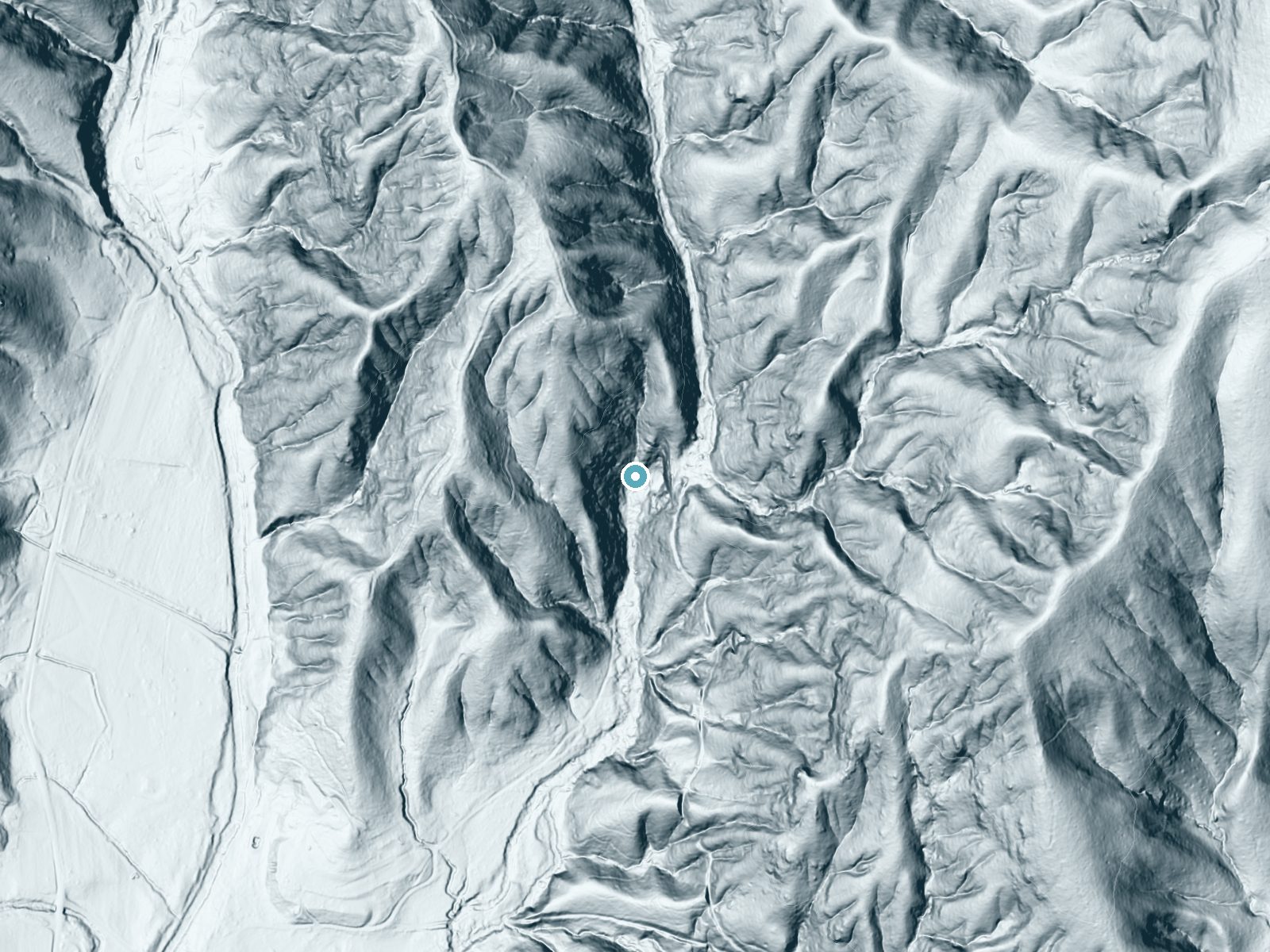 LiDAR bare-earth terrain around Reedy Cove Falls near Rosman, South Carolina, showing about 216 feet of drop, a steep tiered drop, facing south