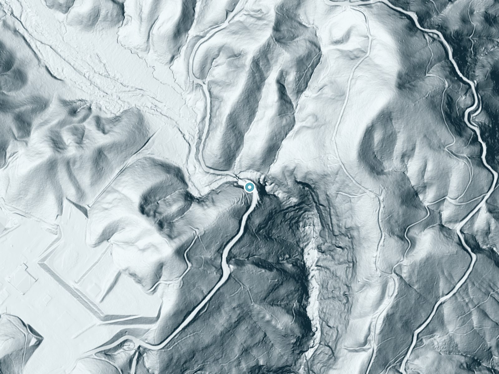 LiDAR bare-earth terrain around Lower Falls near Salem, South Carolina, showing about 180 feet of drop, a steep tiered drop, facing northeast