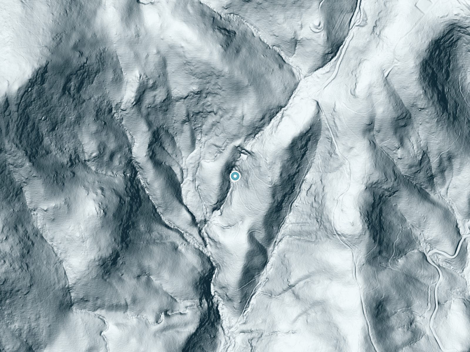 LiDAR bare-earth terrain around Glen Falls near Highlands, North Carolina, showing about 248 feet of drop, a steep tiered drop, facing southwest