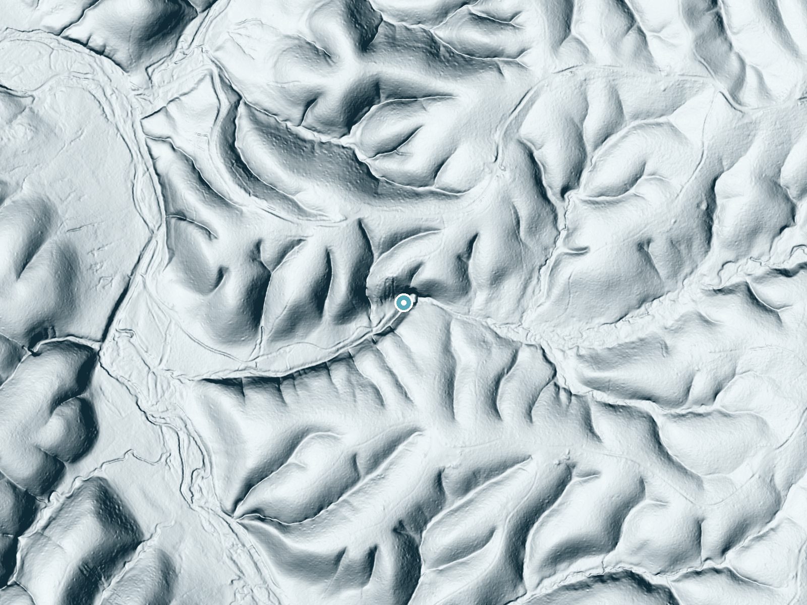 LiDAR bare-earth terrain around Rainbow Falls near Counce, Tennessee, showing about 121 feet of drop, a steep tiered drop, facing southwest