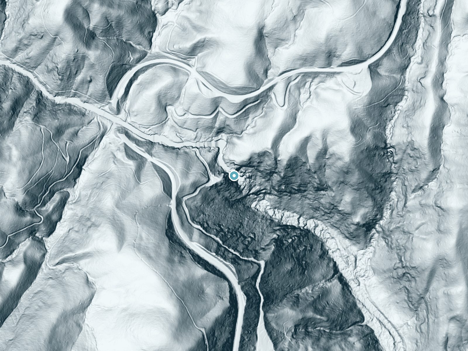 LiDAR bare-earth terrain around Upper Falls near Cashiers, North Carolina, showing about 282 feet of drop, a steep tiered drop, facing southeast