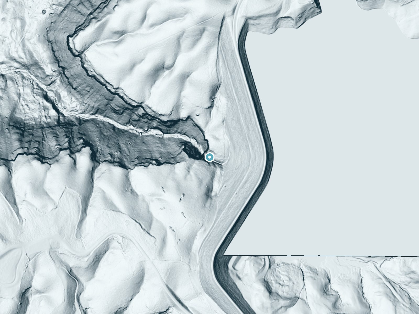 LiDAR bare-earth terrain around Laurel Falls near Wildwood, Tennessee, showing about 193 feet of drop, a steep tiered drop, facing northwest