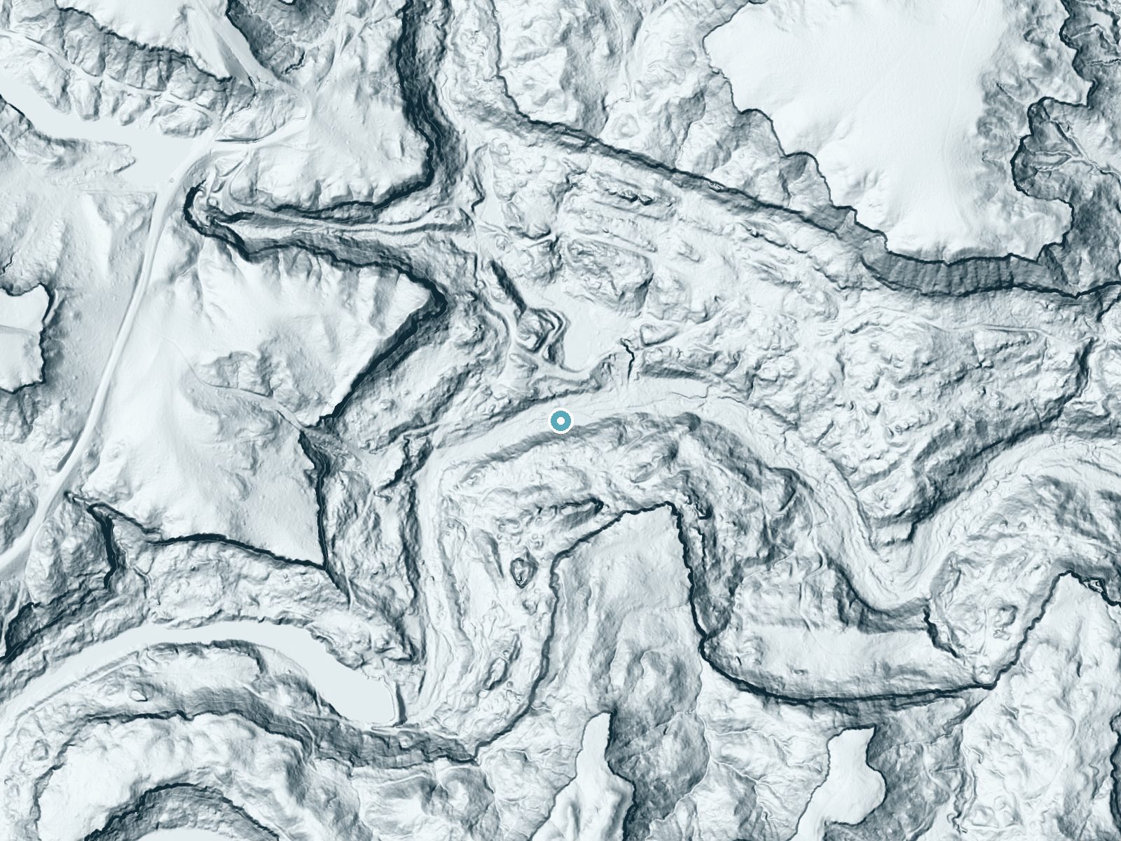 LiDAR bare-earth terrain around Little Falls near Lake Tanglewood, Texas, showing about 76 feet of drop, a steep tiered drop, facing north