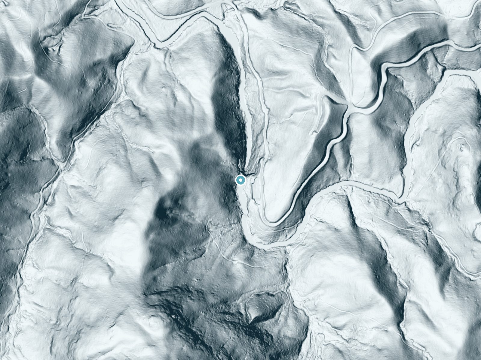 LiDAR bare-earth terrain around Dry Falls near Highlands, North Carolina, showing about 208 feet of drop, a steep tiered drop, facing northeast