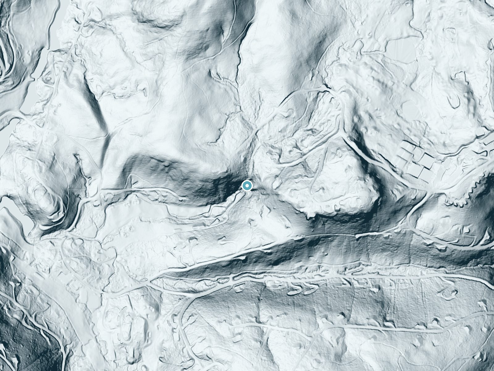 LiDAR bare-earth terrain around Highlands Falls near Highlands, North Carolina, showing about 216 feet of drop, a steep tiered drop, facing southwest