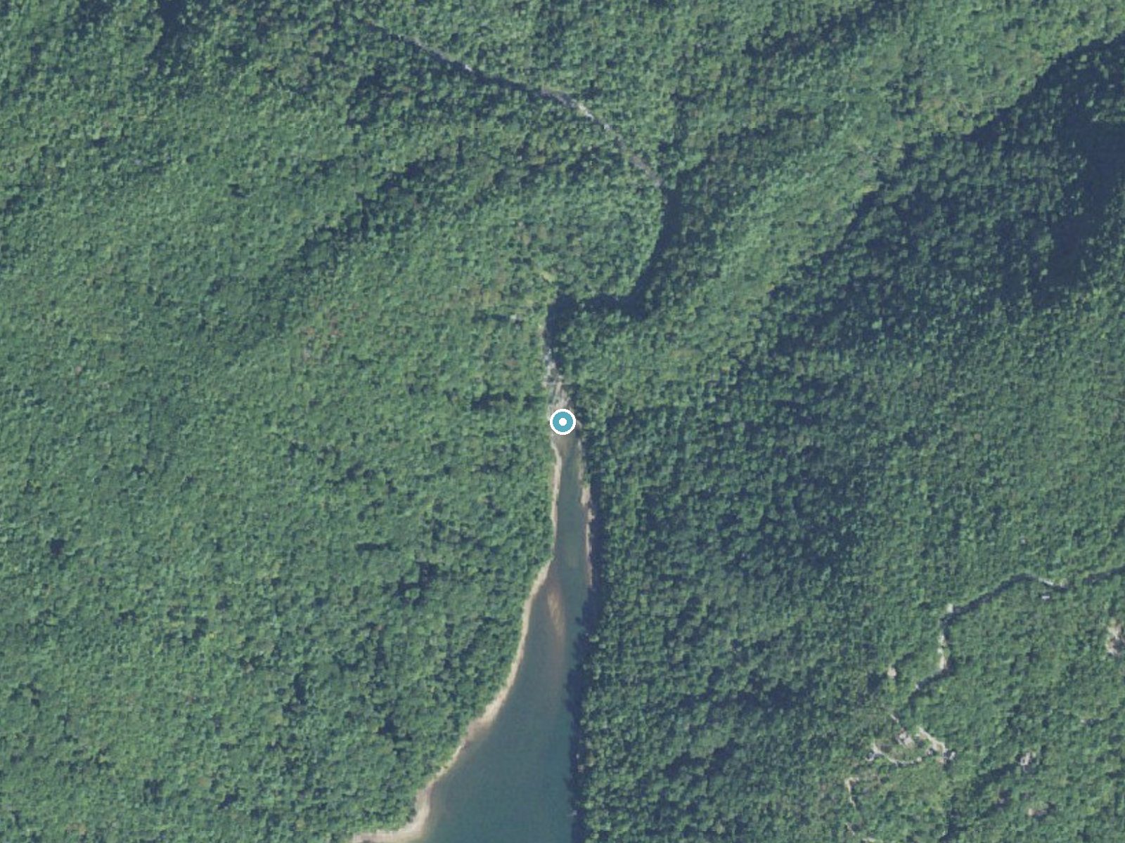 Aerial photo of the same ground around Whitewater Falls near Rosman, North Carolina, for comparison with the lidar view