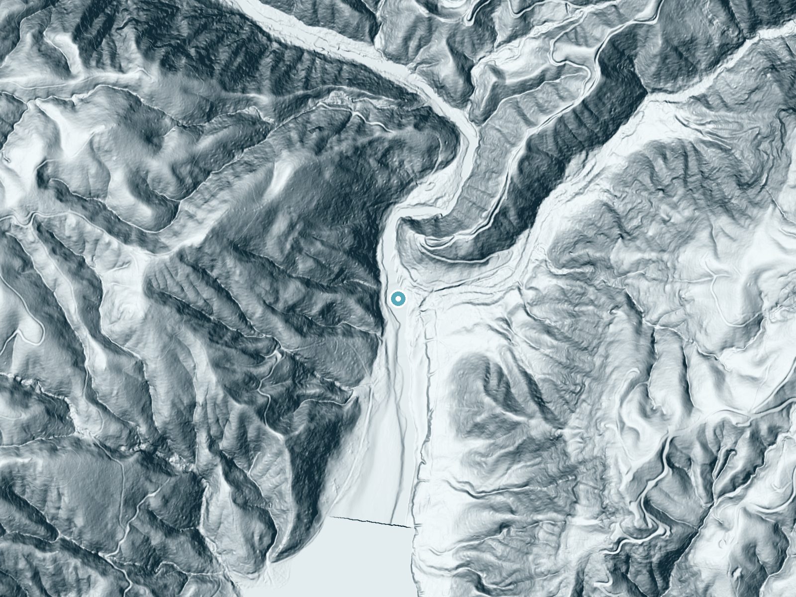 LiDAR bare-earth terrain around Whitewater Falls near Rosman, North Carolina, showing about 113 feet of drop, a steep tiered drop, facing east