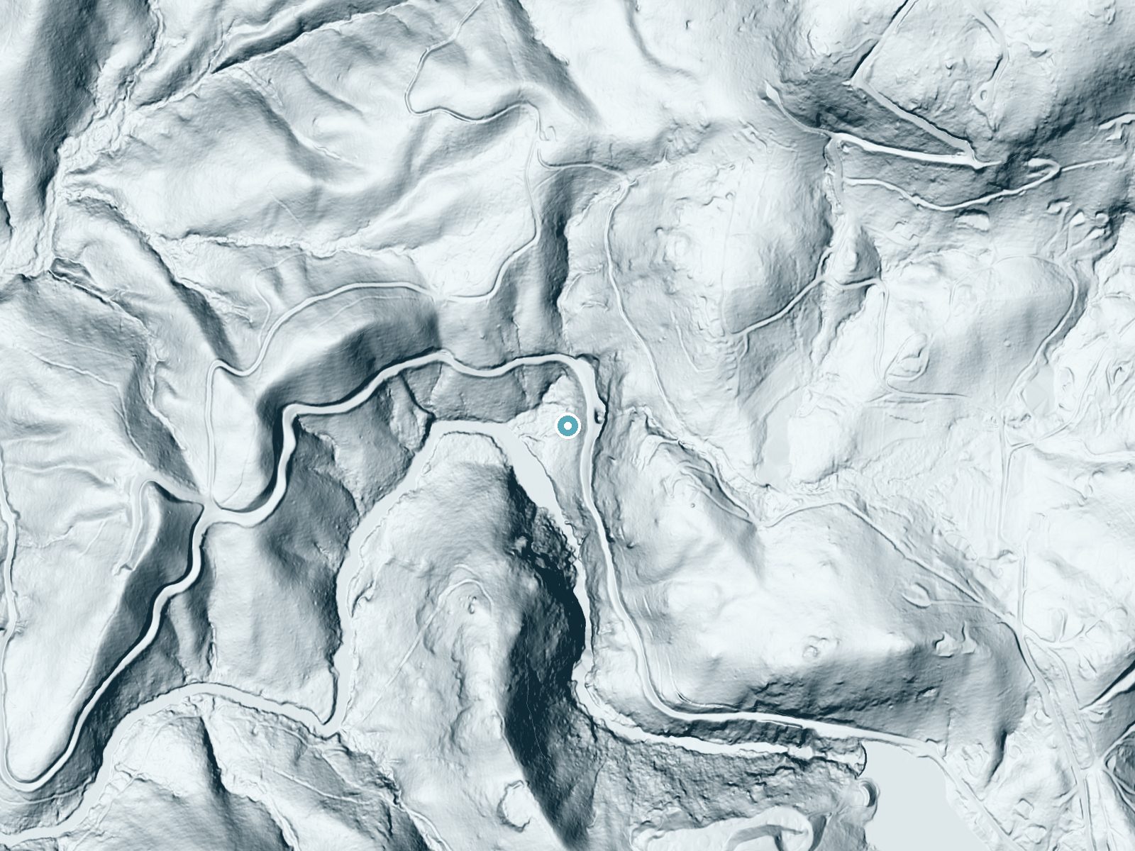 LiDAR bare-earth terrain around Bridal Veil Falls near Highlands, North Carolina, showing about 186 feet of drop, a steep tiered drop, facing west