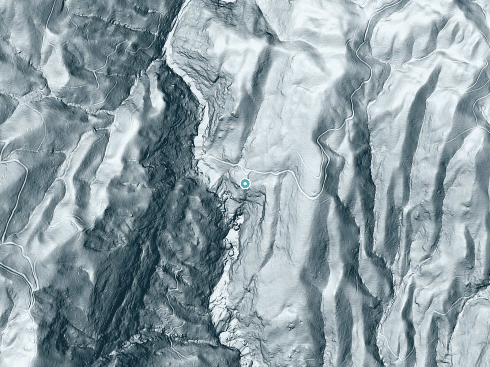 LiDAR bare-earth terrain around Windy Falls near Cashiers, North Carolina, showing about 322 feet of drop, a steep tiered drop, facing southwest