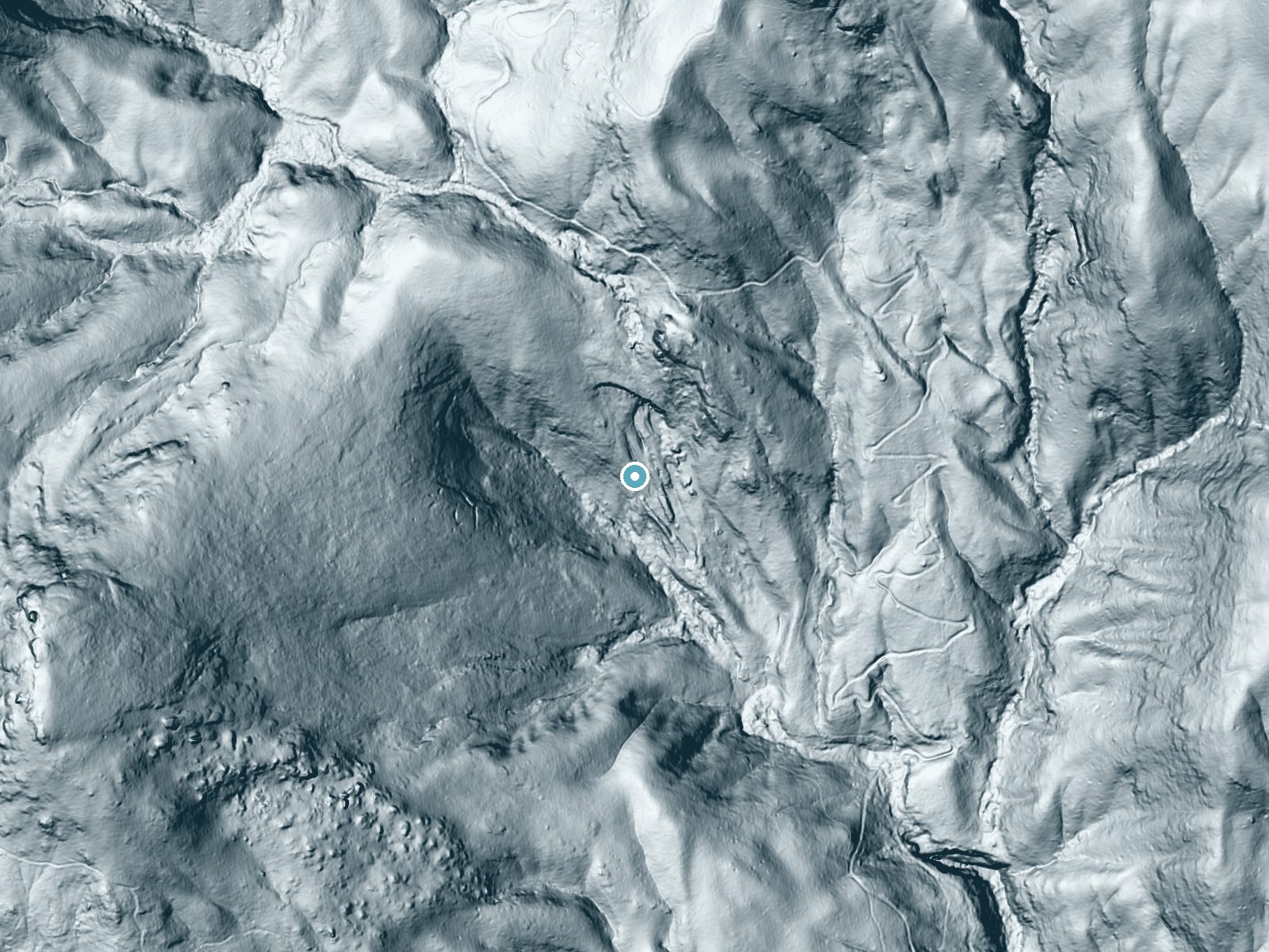 LiDAR bare-earth terrain around Slicking Falls near Caesars Head, South Carolina, showing about 235 feet of drop, a steep tiered drop, facing south