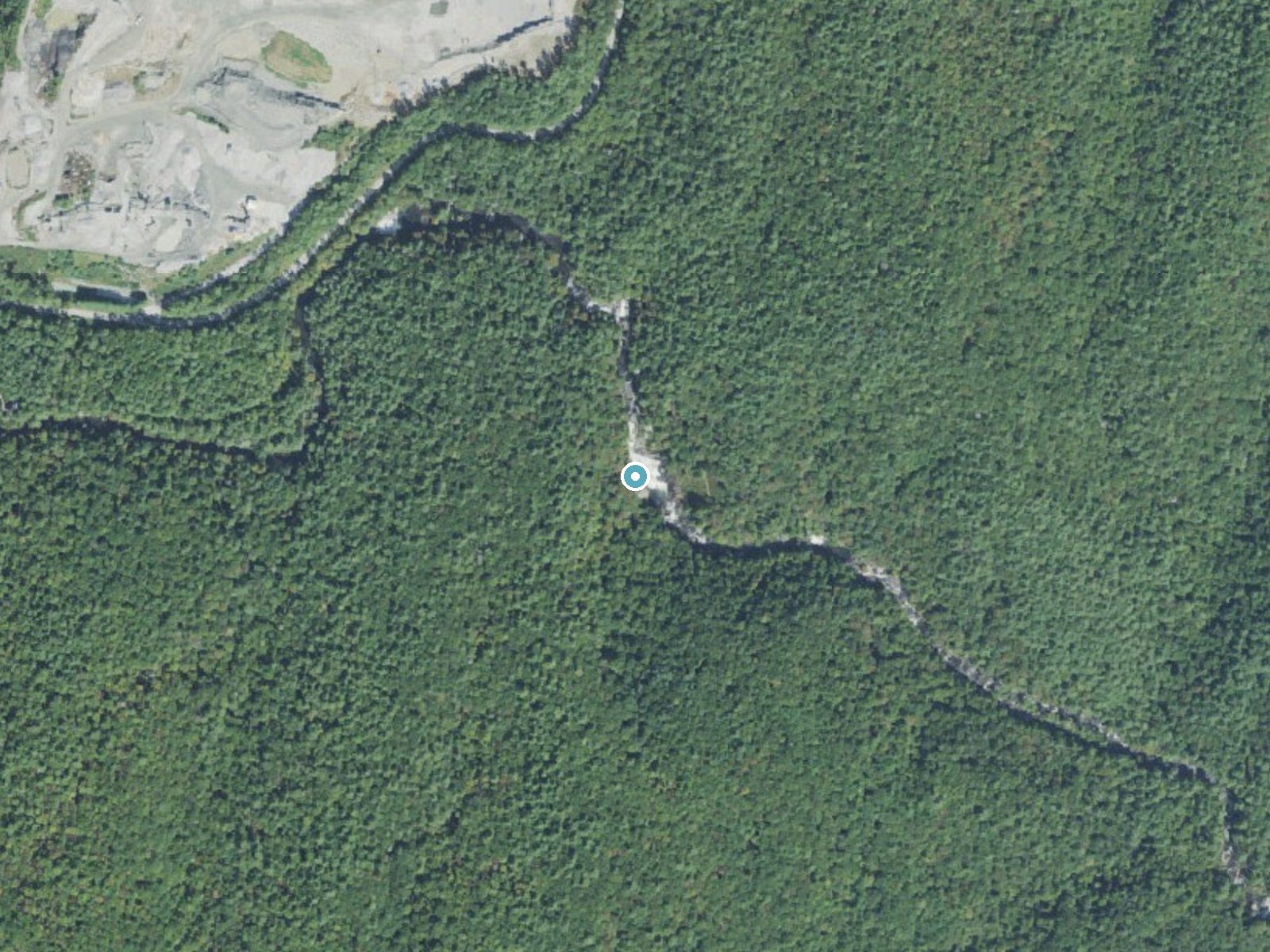 Aerial photo of the same ground around Rainbow Falls near Cashiers, North Carolina, for comparison with the lidar view