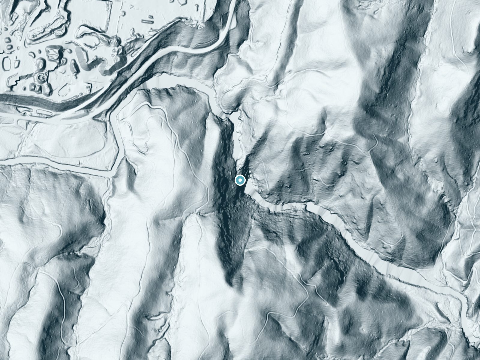 LiDAR bare-earth terrain around Rainbow Falls near Cashiers, North Carolina, showing about 291 feet of drop, a steep tiered drop, facing east