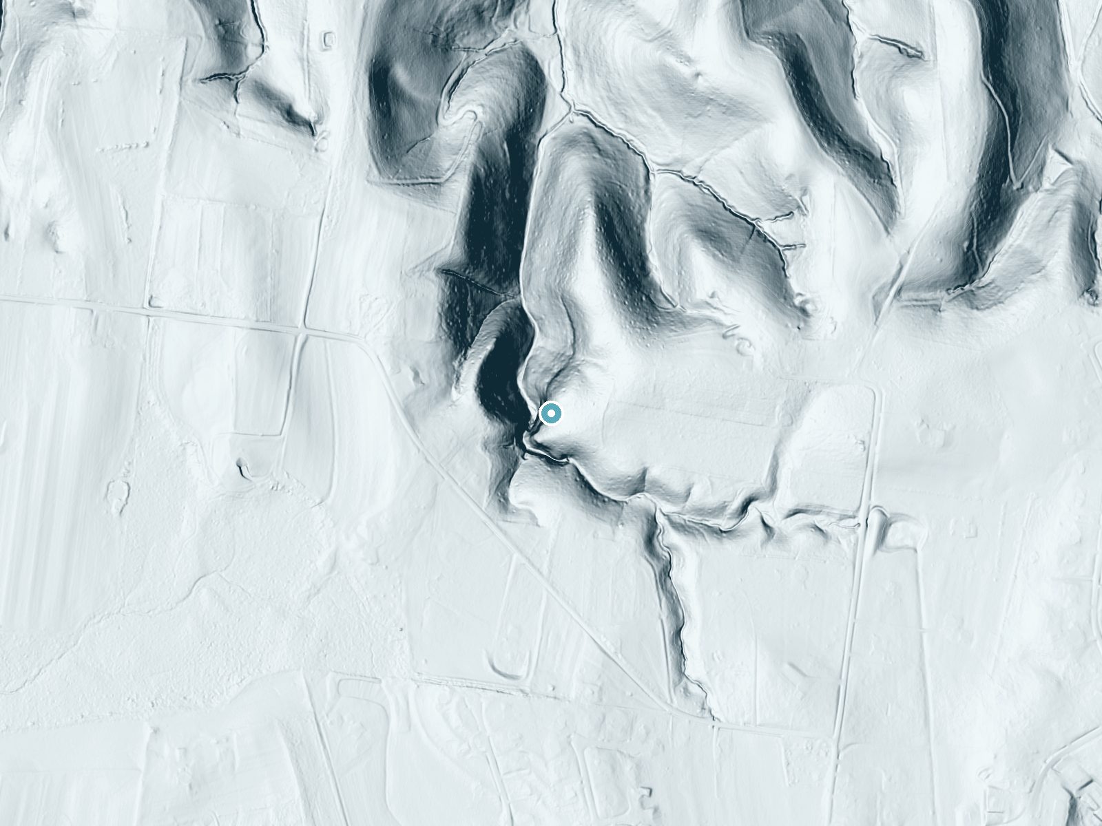 LiDAR bare-earth terrain around Boone Falls near Park City, Tennessee, showing about 160 feet of drop, a single sheer drop, facing northwest