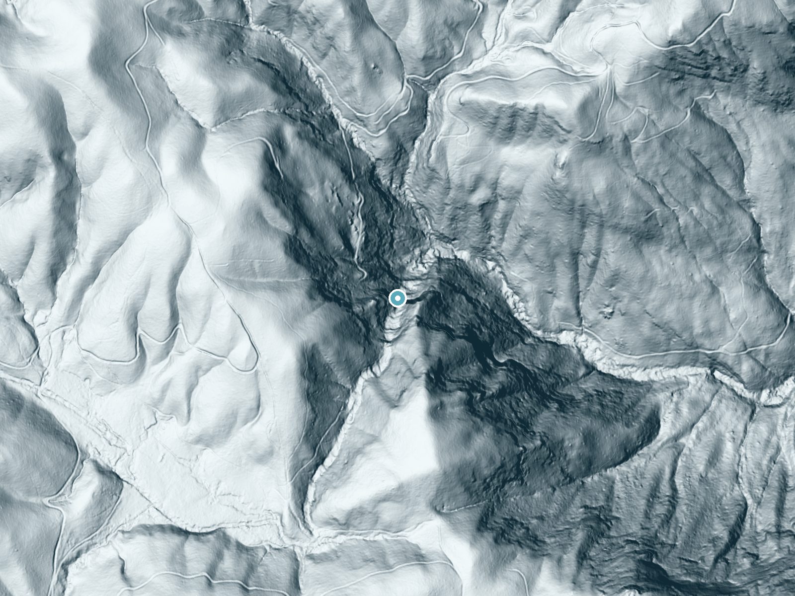 LiDAR bare-earth terrain around Raven Cliff Falls near Caesars Head, South Carolina, showing about 376 feet of drop, a single sheer drop, facing northeast