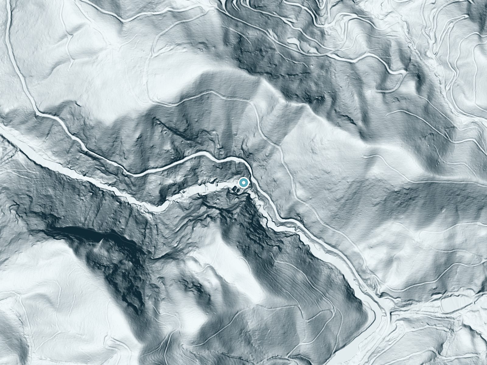 LiDAR bare-earth terrain around Cullasaja Falls near Highlands, North Carolina, showing about 306 feet of drop, a single sheer drop, facing west