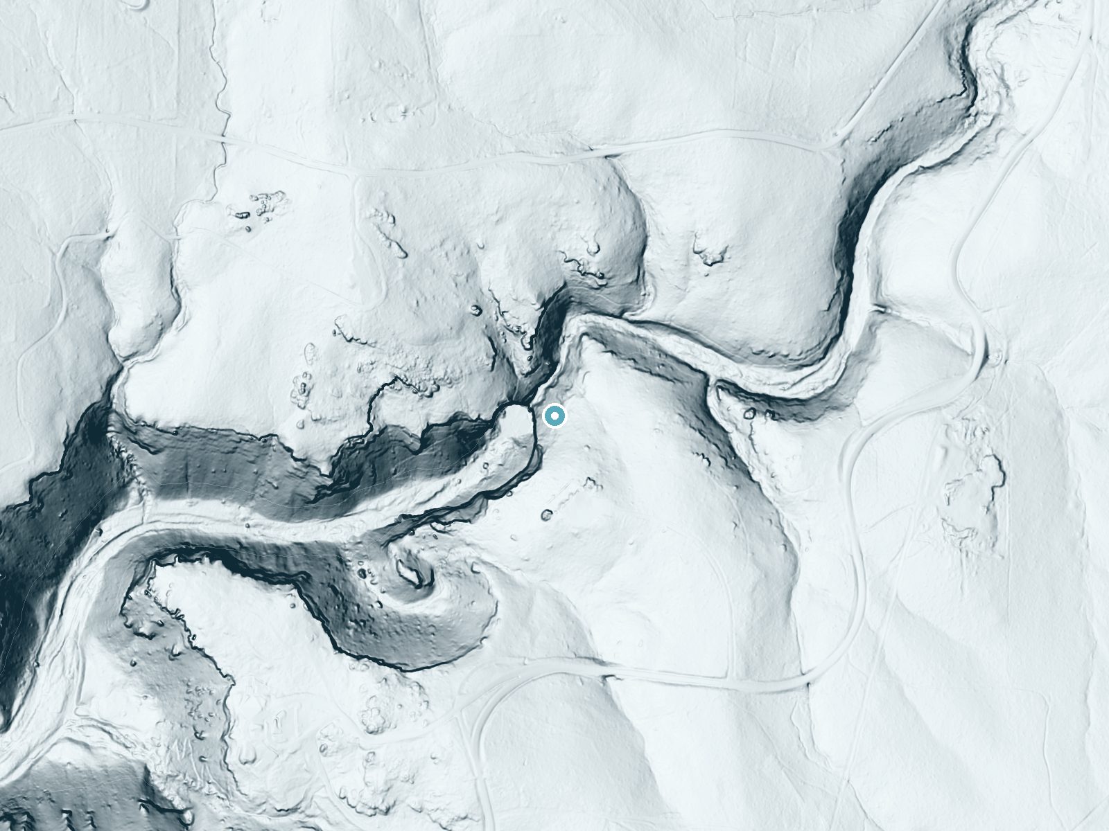 LiDAR bare-earth terrain around Cedar Falls near Adona, Arkansas, showing about 259 feet of drop, a single sheer drop, facing west