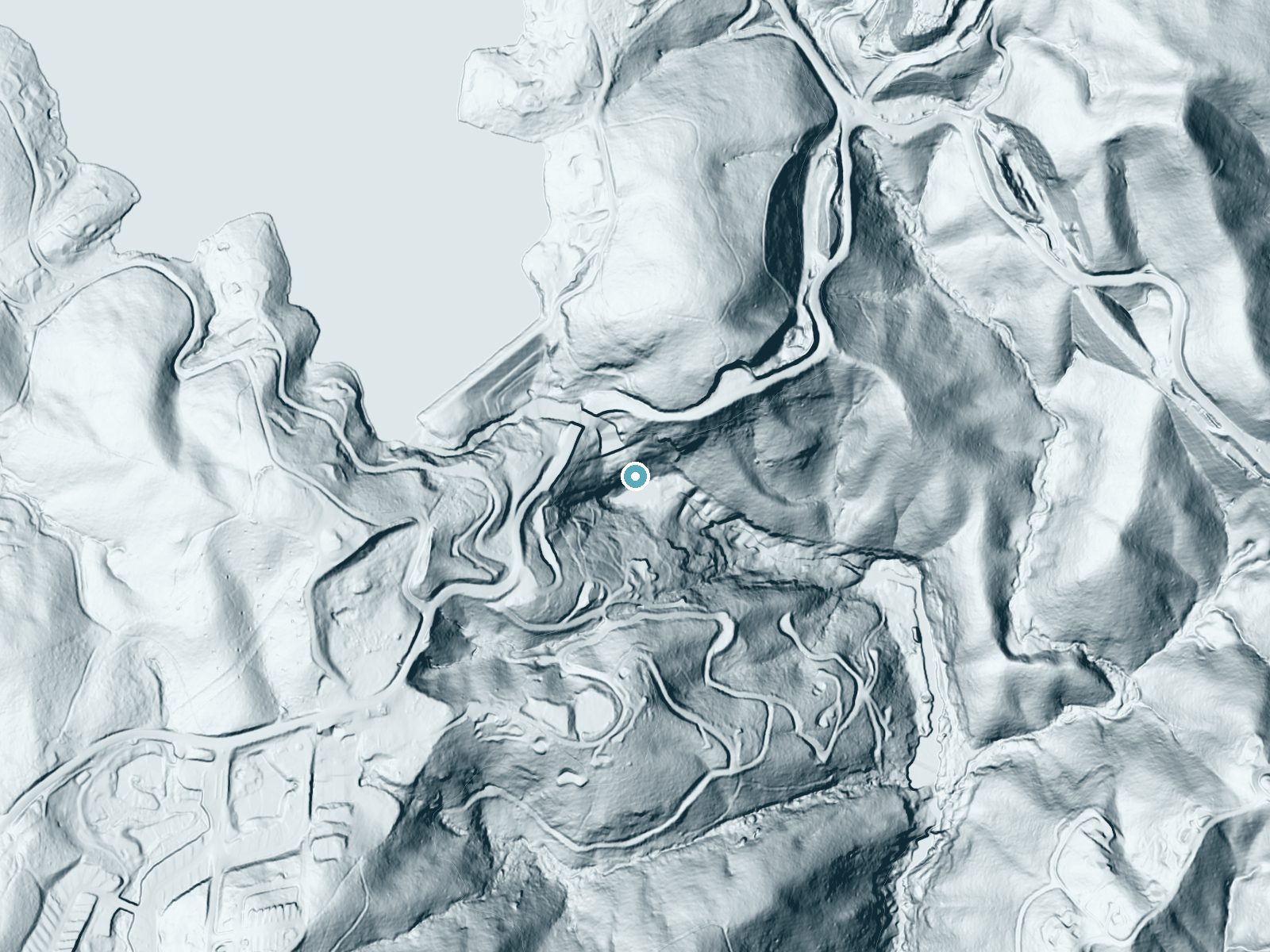 LiDAR bare-earth terrain around Toxaway Falls near Rosman, North Carolina, showing about 187 feet of drop, a steep tiered drop, facing southeast