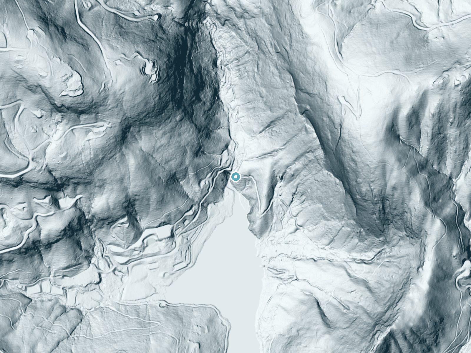 LiDAR bare-earth terrain around Fairfield Falls near Cashiers, North Carolina, showing about 129 feet of drop, a steep tiered drop, facing south