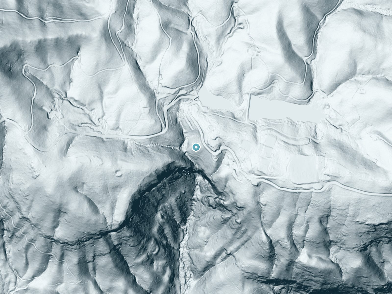 LiDAR bare-earth terrain around Rainbow Falls near Caesars Head, South Carolina, showing about 209 feet of drop, a steep tiered drop, facing southwest