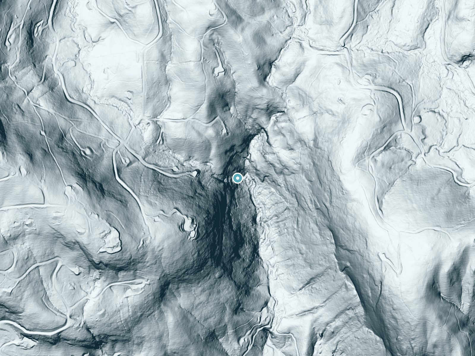 LiDAR bare-earth terrain around Twin Falls near Cashiers, North Carolina, showing about 226 feet of drop, a steep tiered drop, facing southeast