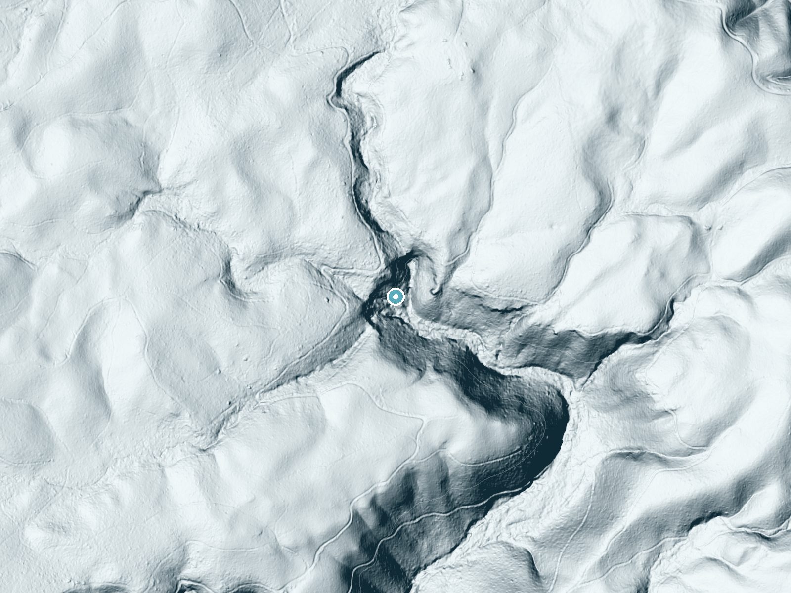 LiDAR bare-earth terrain around Benton Falls near Benton, Tennessee, showing about 136 feet of drop, a steep tiered drop, facing southeast