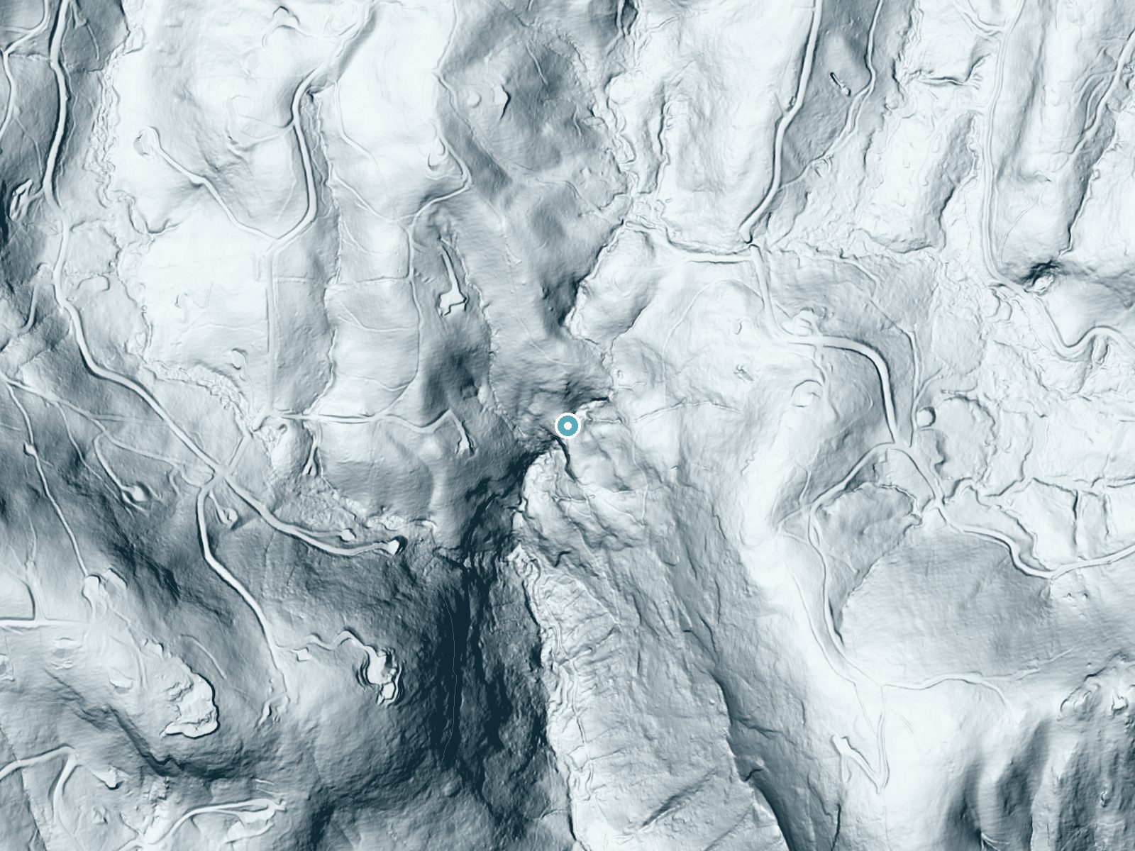 LiDAR bare-earth terrain around Maidenhair Falls near Cashiers, North Carolina, showing about 263 feet of drop, a steep tiered drop, facing southwest