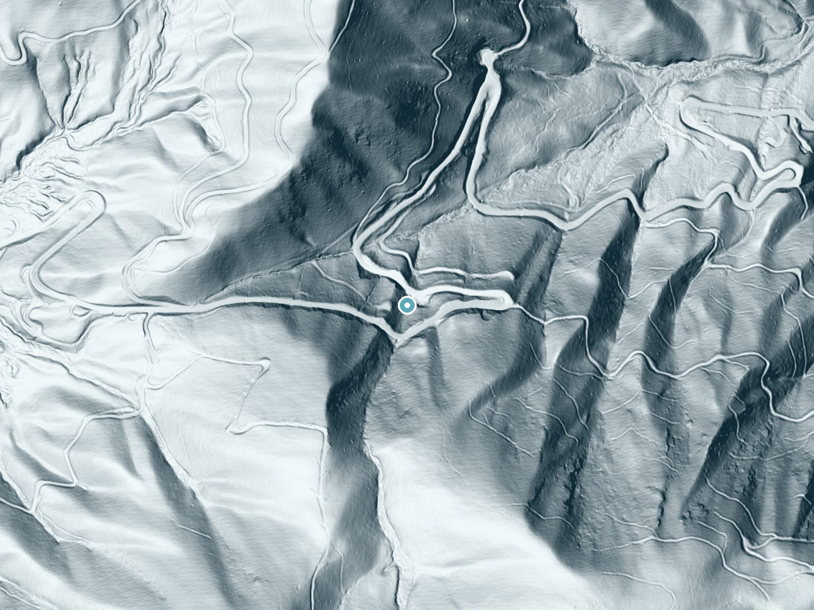 LiDAR bare-earth terrain around Berties Falls near Franklin, North Carolina, showing about 255 feet of drop, a steep tiered drop, facing north