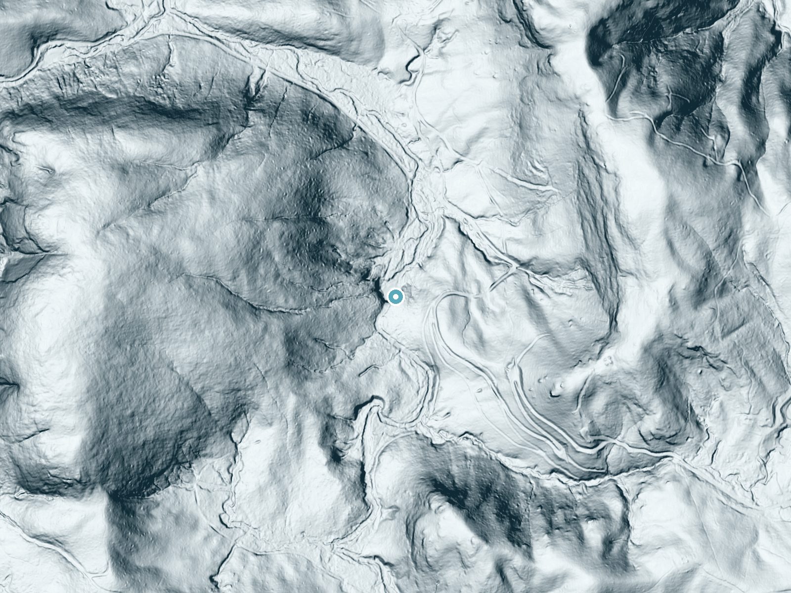 LiDAR bare-earth terrain around Schoolhouse Falls near Glenville, North Carolina, showing about 88 feet of drop, a steep tiered drop, facing north