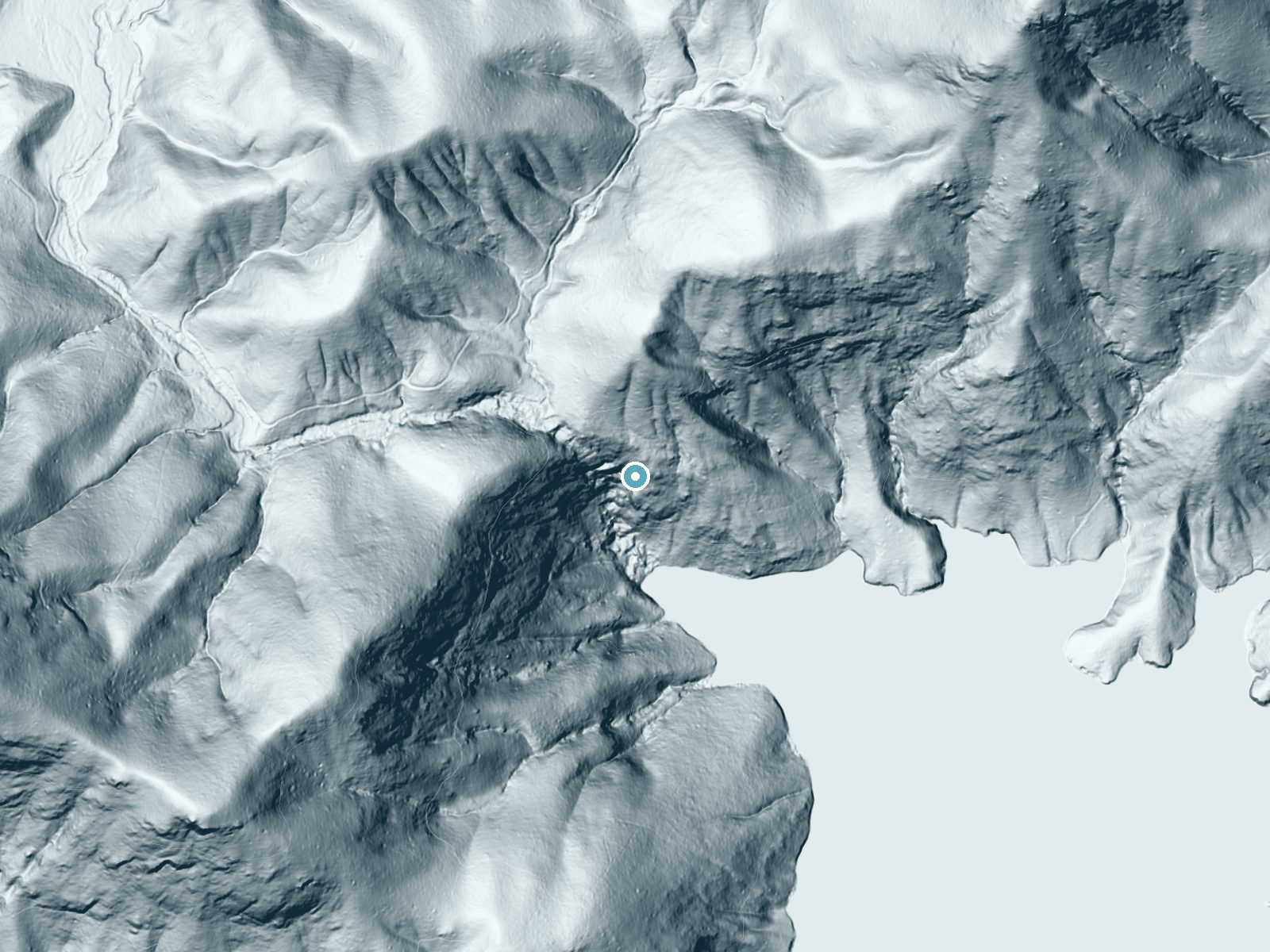 LiDAR bare-earth terrain around Big Falls near The Cliffs Valley, South Carolina, showing about 345 feet of drop, a steep tiered drop, facing south