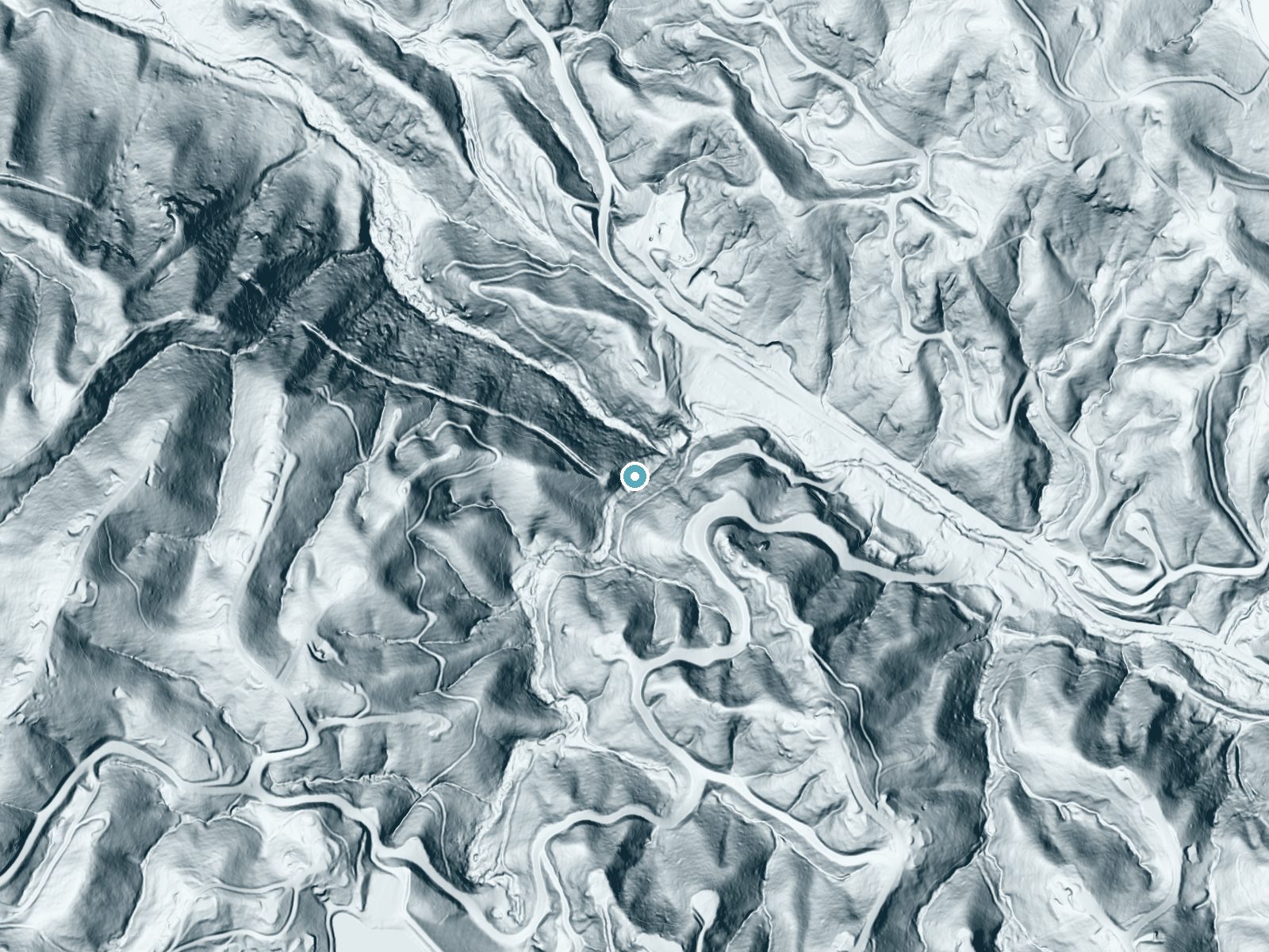 LiDAR bare-earth terrain around Connestee Falls near Brevard, North Carolina, showing about 217 feet of drop, a steep tiered drop, facing north