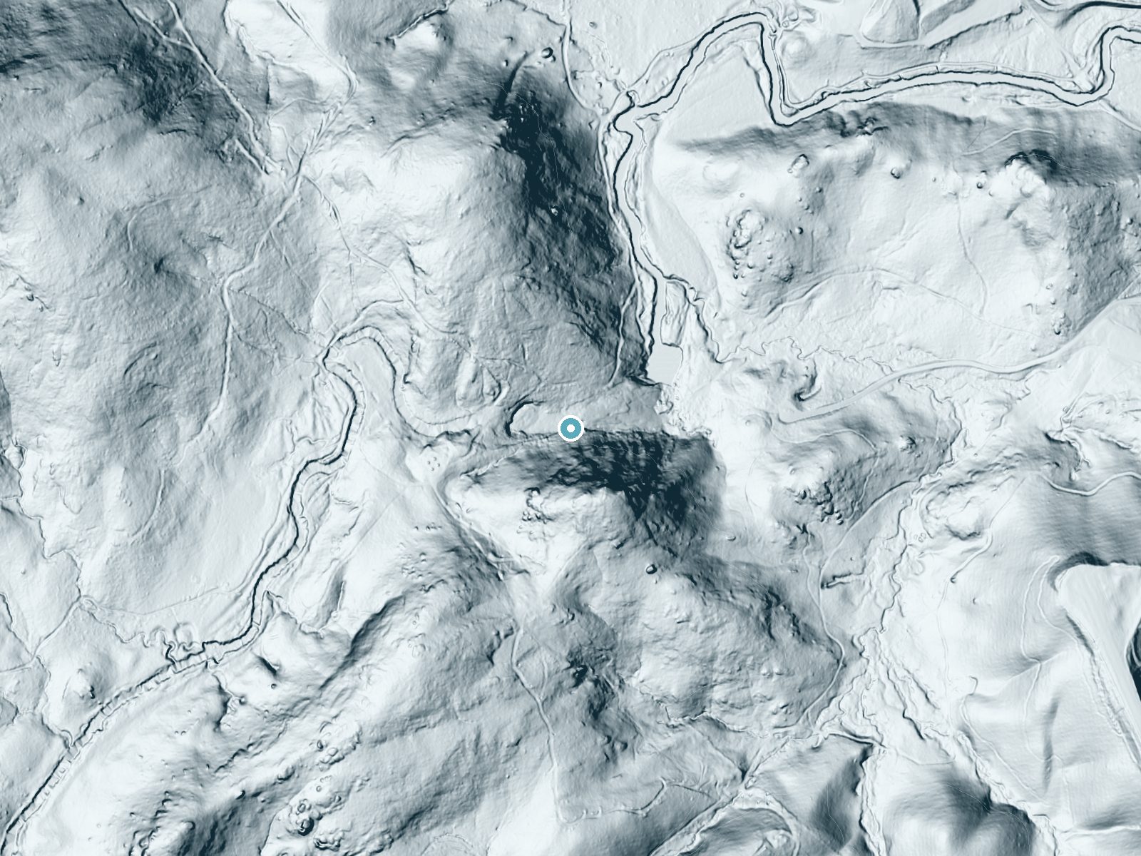 LiDAR bare-earth terrain around Bridal Veil Falls near Caesars Head, North Carolina, showing about 177 feet of drop, a steep tiered drop, facing north