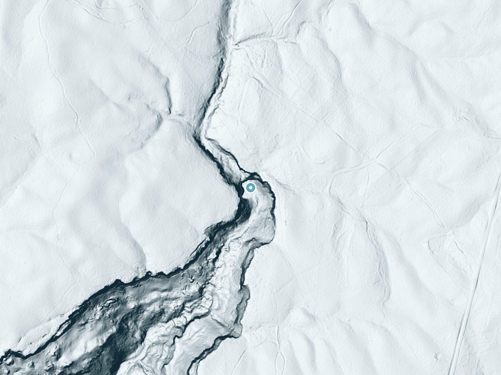 LiDAR bare-earth terrain around Foster Falls near Kimball, Tennessee, showing about 157 feet of drop, a single sheer drop, facing southeast