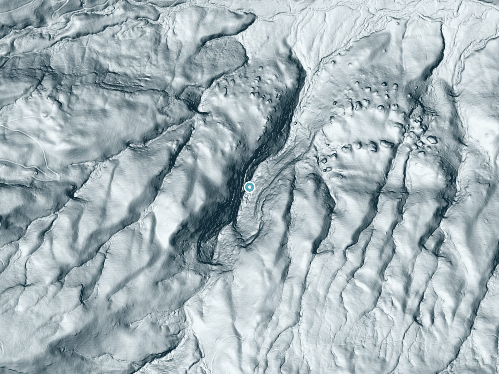 LiDAR bare-earth terrain around Dismal Falls near Glenville, North Carolina, showing about 314 feet of drop, a single sheer drop, facing northeast