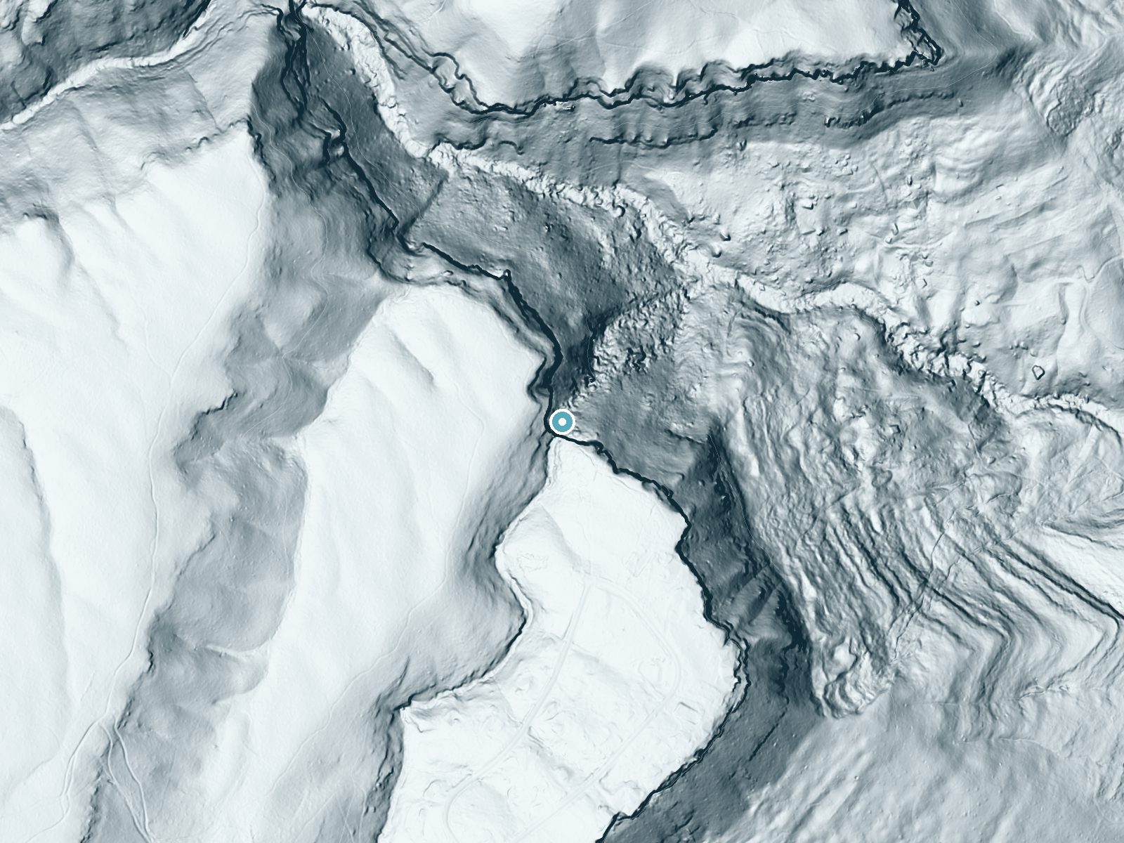 LiDAR bare-earth terrain around Falling Water Falls near Falling Water, Tennessee, showing about 297 feet of drop, a single sheer drop, facing northeast