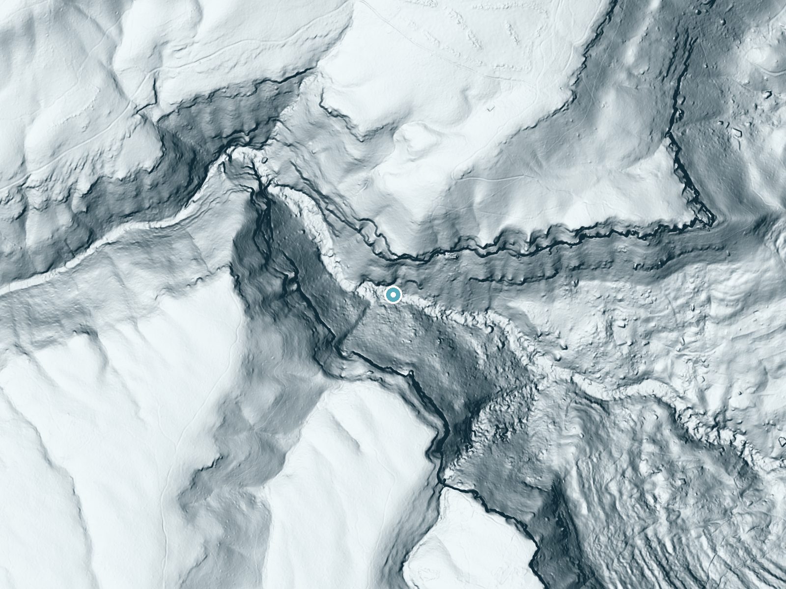 LiDAR bare-earth terrain around Slider Falls near Falling Water, Tennessee, showing about 339 feet of drop, a single sheer drop, facing south