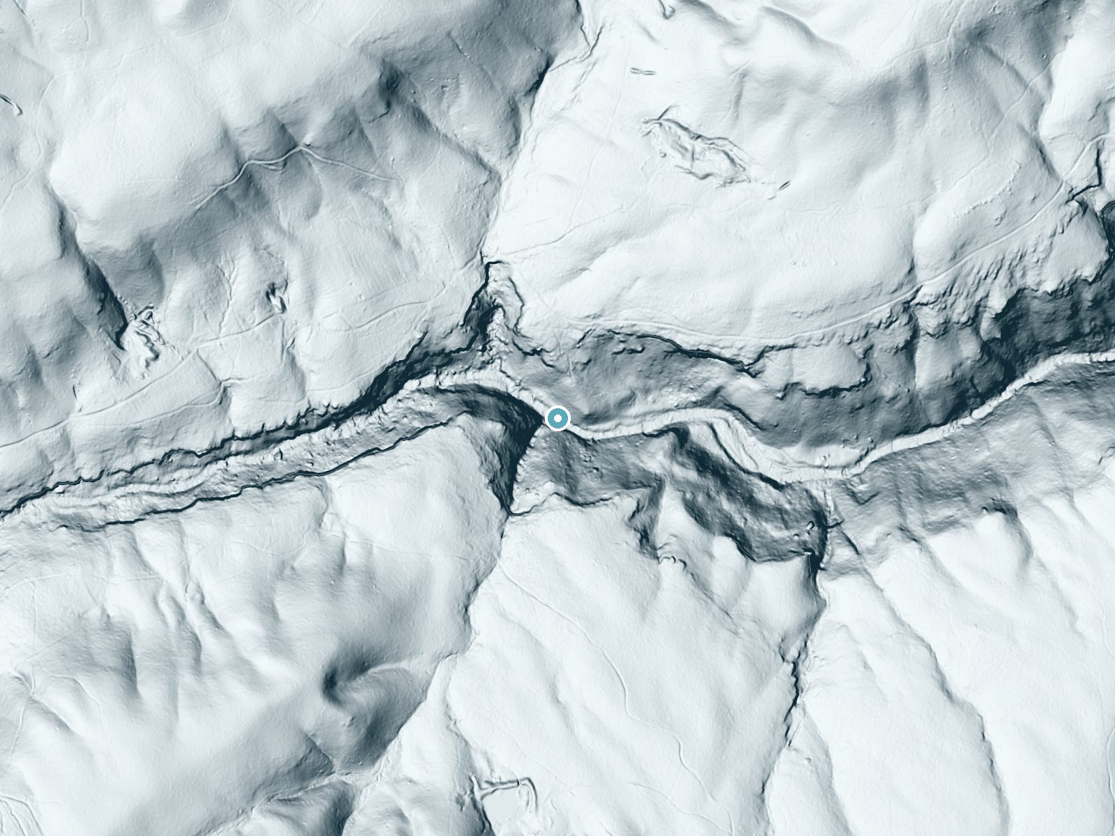 LiDAR bare-earth terrain around Rockstack Falls near Falling Water, Tennessee, showing about 122 feet of drop, a steep tiered drop, facing east