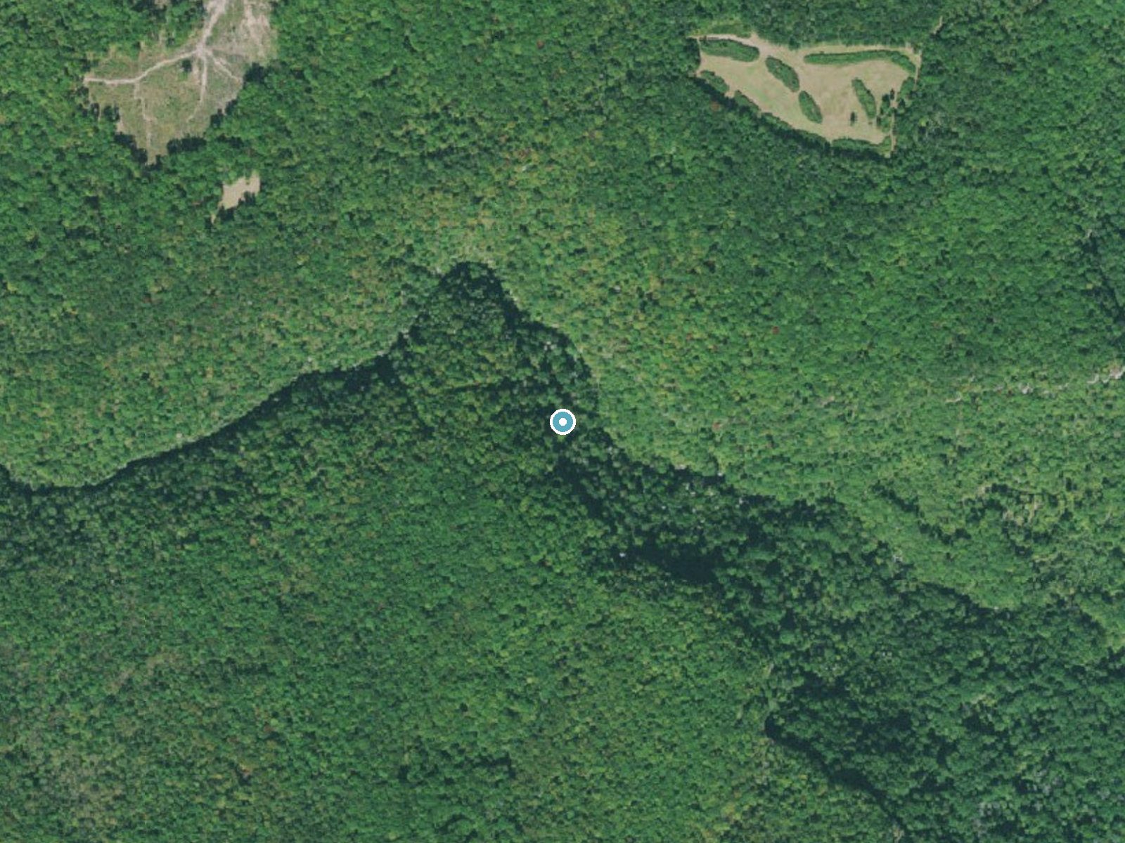 Aerial photo of the same ground around Freudenberg Falls near Falling Water, Tennessee, for comparison with the lidar view