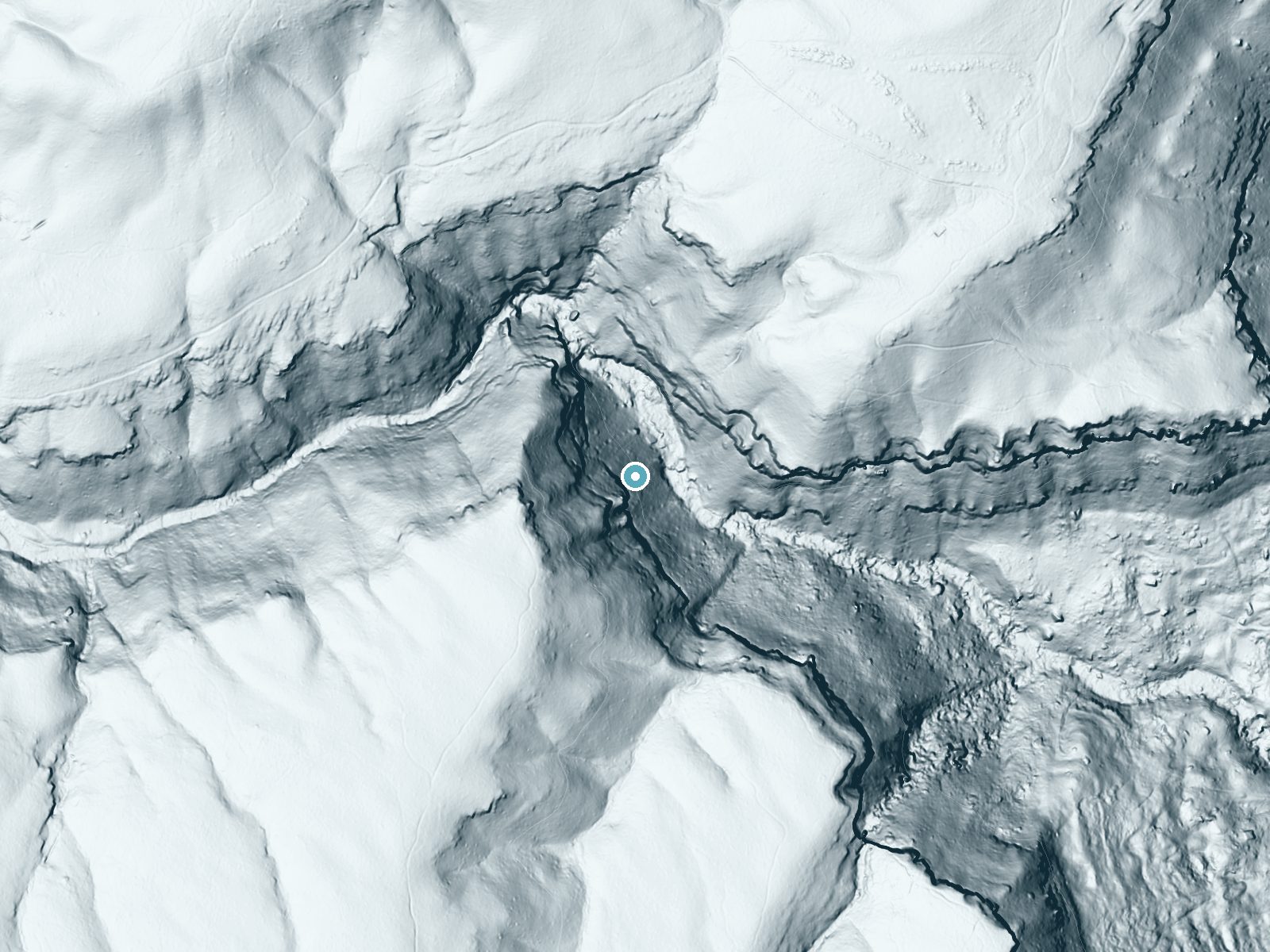 LiDAR bare-earth terrain around Freudenberg Falls near Falling Water, Tennessee, showing about 365 feet of drop, a single sheer drop, facing northeast