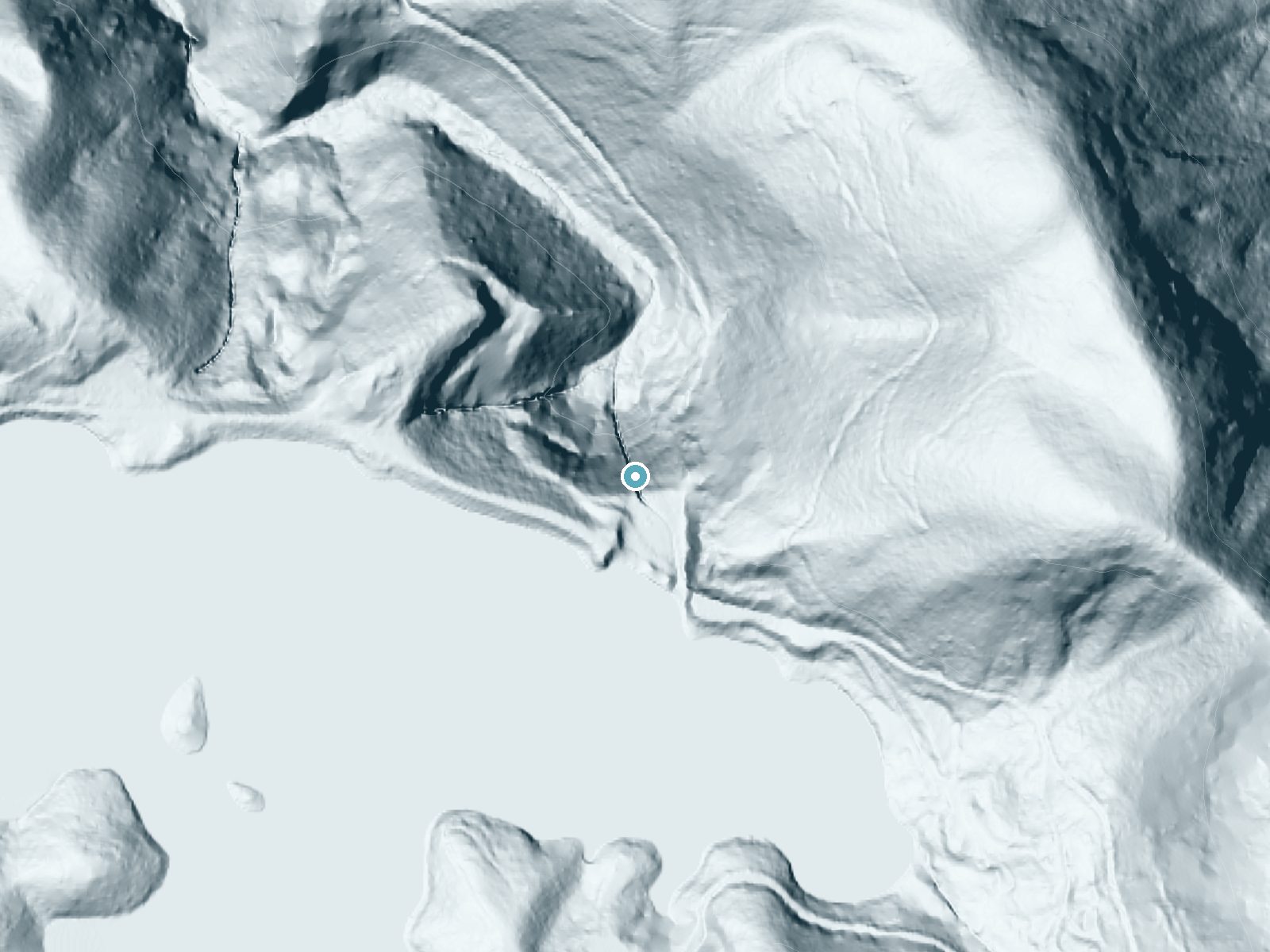 LiDAR bare-earth terrain around Onion Falls near Glenville, North Carolina, showing about 256 feet of drop, a steep tiered drop, facing north