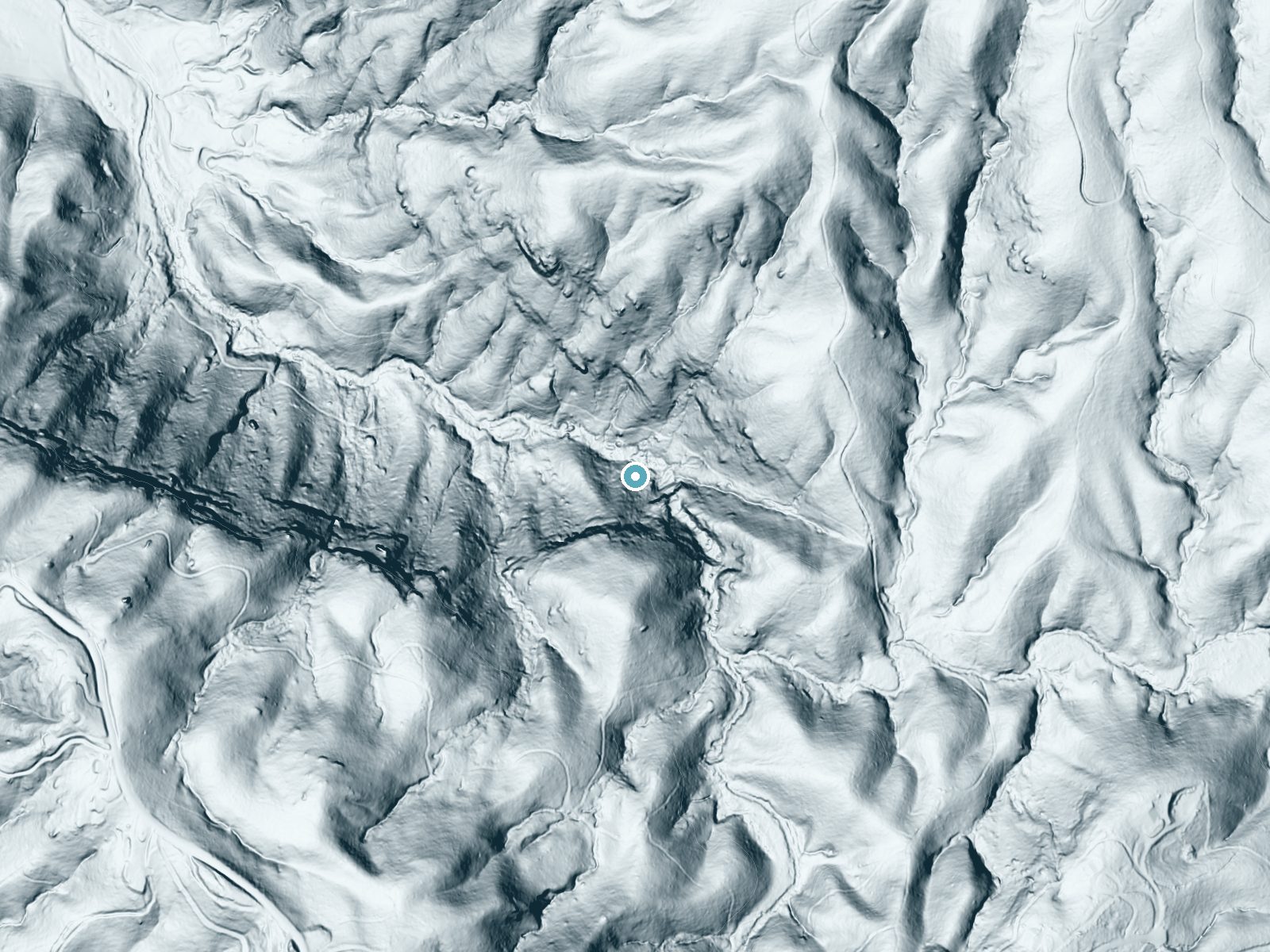 LiDAR bare-earth terrain around Maidenhair Falls near Brevard, North Carolina, showing about 229 feet of drop, a steep tiered drop, facing north
