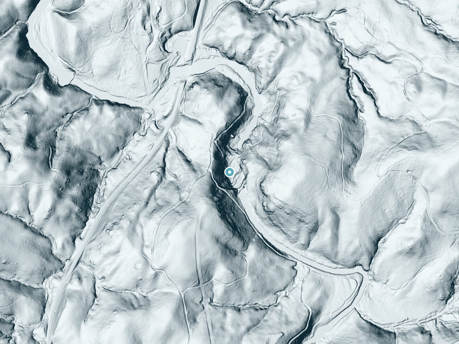 LiDAR bare-earth terrain around Triple Falls near Caesars Head, North Carolina, showing about 163 feet of drop, a steep tiered drop, facing northeast