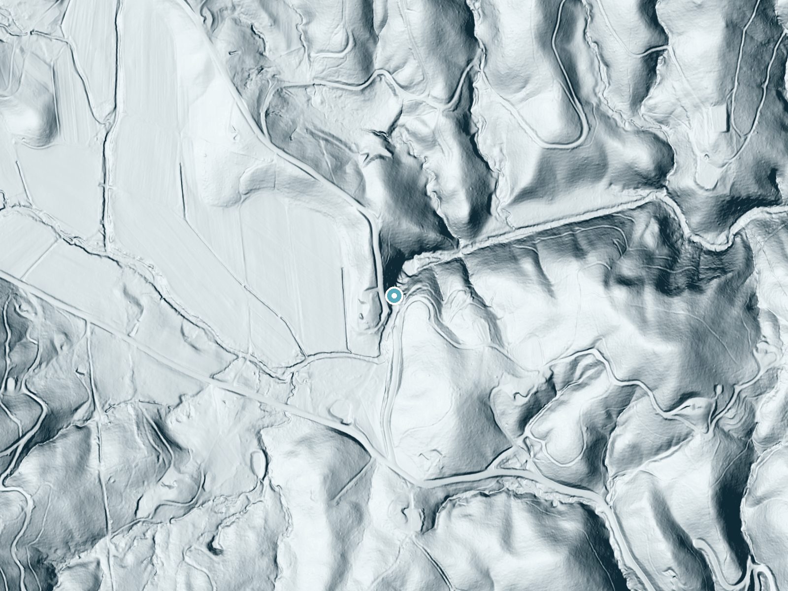 LiDAR bare-earth terrain around Rock Creek Falls near The Cliffs Valley, North Carolina, showing about 111 feet of drop, a long cascade, facing northeast