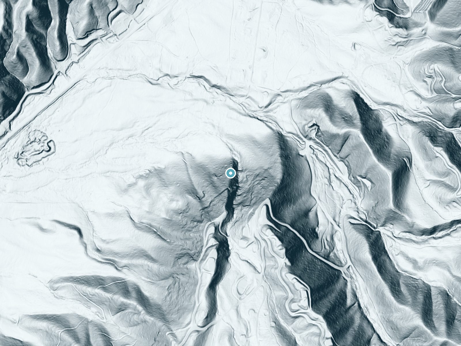 LiDAR bare-earth terrain around Kennedy Falls near Andrews, North Carolina, showing about 287 feet of drop, a steep tiered drop, facing north