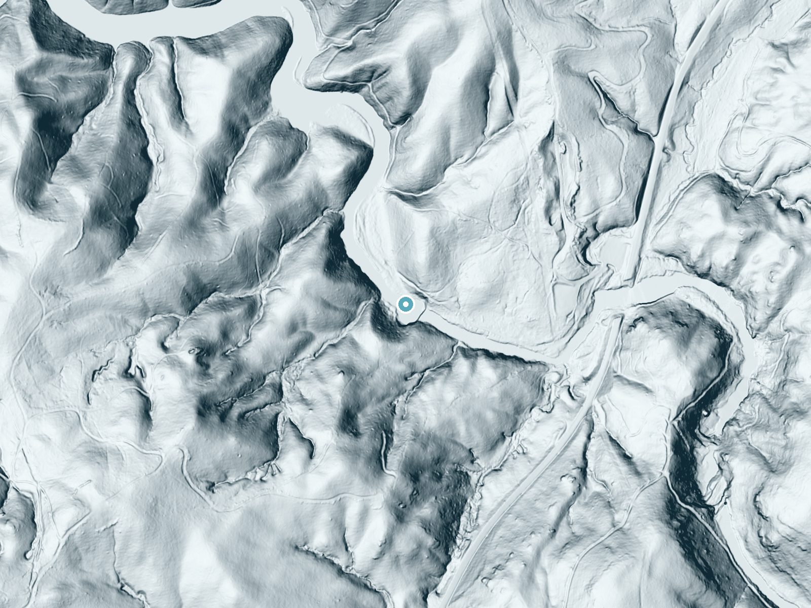 LiDAR bare-earth terrain around Hooker Falls near Caesars Head, North Carolina, showing about 94 feet of drop, a steep tiered drop, facing north