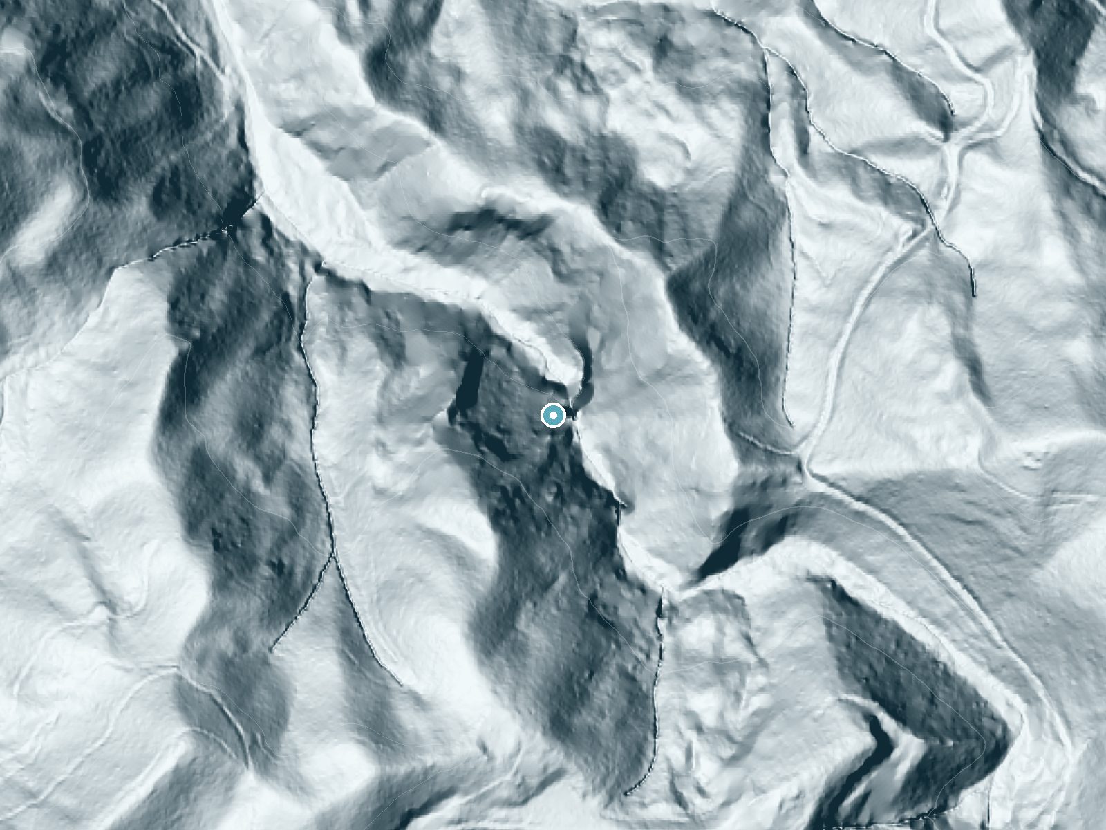 LiDAR bare-earth terrain around High Falls near Glenville, North Carolina, showing about 326 feet of drop, a steep tiered drop, facing north