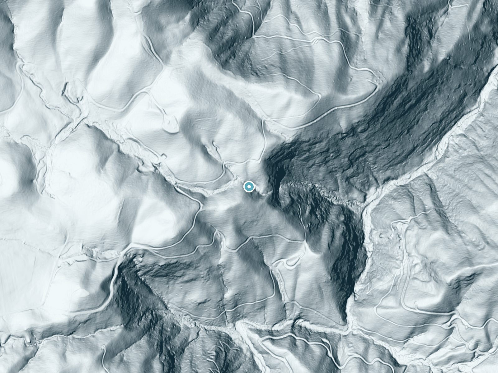 LiDAR bare-earth terrain around Slatten Falls near Glenville, North Carolina, showing about 146 feet of drop, a steep tiered drop, facing east